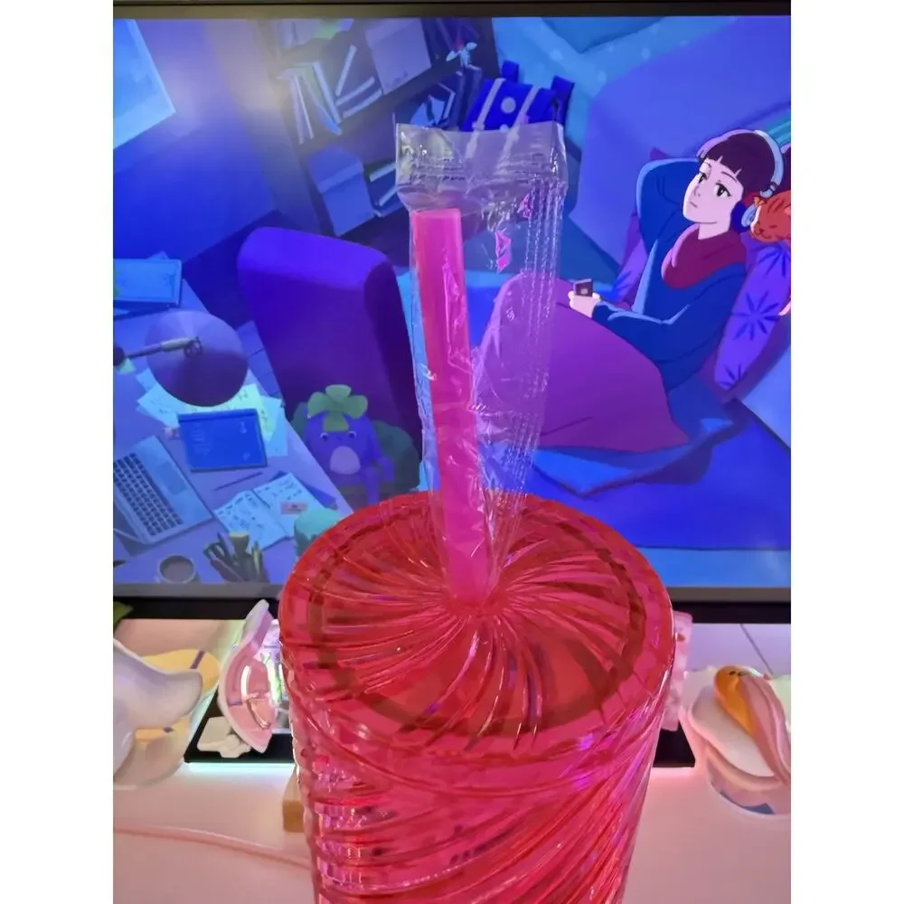 Hello Kitty Swirl Tumbler Lid Straw Shiny Metallic Spiral Plastic Pink Sanrio